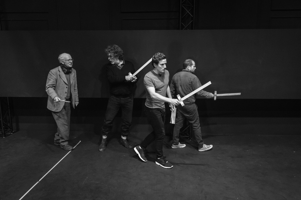 Stephen Beard (Gonzalo), Paul Hamilton (Alonso), Hugh John (Ferdinand) and Callum Dixon (Antonio / Stefano); Photo: Marc Brenner